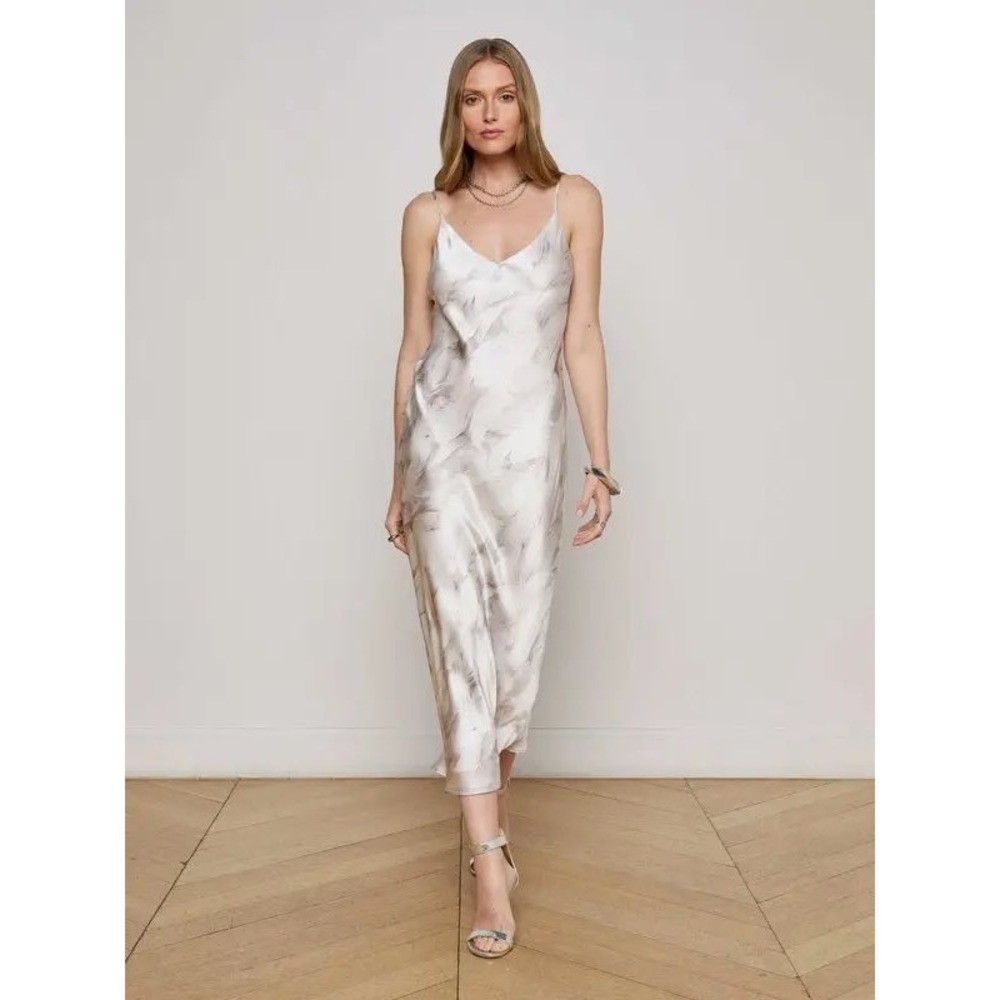 L'AGENCE Seridie Silk Slip Dress Women's Size 16 White Feather Print Maxi NWT